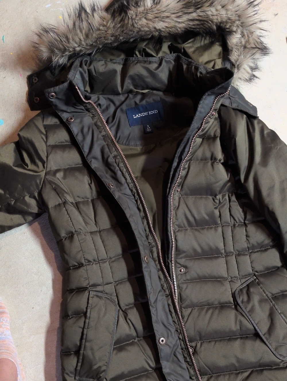 Lands' End Olive Quilted Puffer Coat with Faux Fur Hood